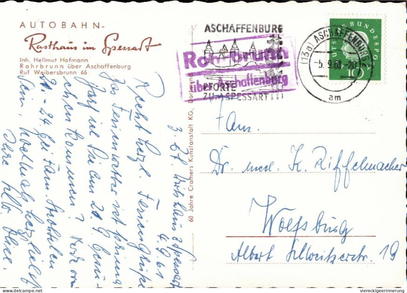 ! 1961 Ansichtskarte Aus Rohrbrunn B. Aschaffenburg, Autobahn Rasthaus Im Spessart, Landpoststempel - Aschaffenburg