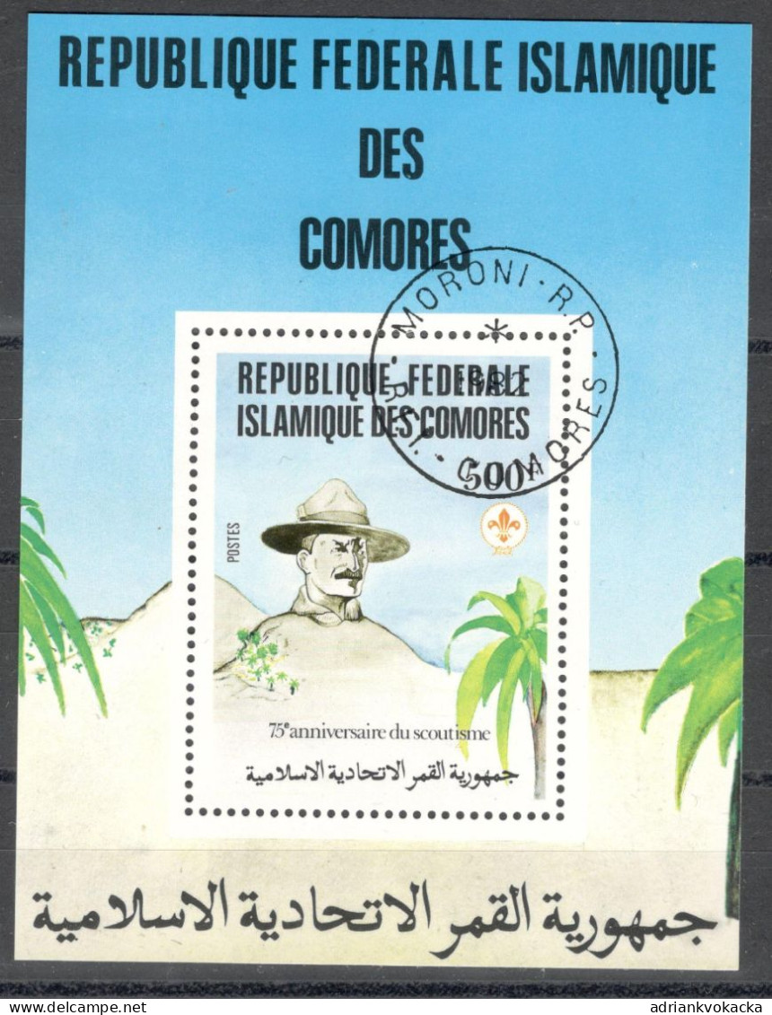 Comores, ANNIVERSARY / SKAUTI (75 Years Of Scouting), Stamped Sheet Mi:KM BL238 (1985) - Comores (1975-...)