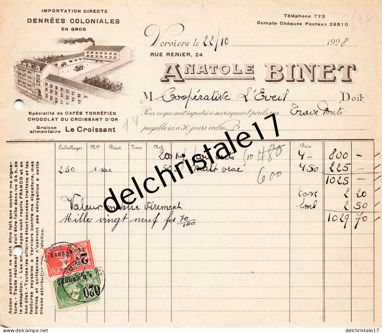 96 0577 VERVIERS BELGIQUE 1928 Importation Denrées Coloniales Cafés Anatole BINET Chocolat Du Croissant D'Or à L'ÉVEIL  - Alimentaire
