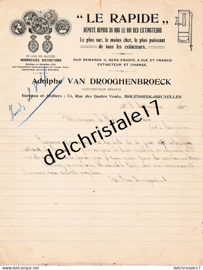 96 0568 MOLENBEEK-BRUXELLES BELGIQUE 1910 Extincteurs LE RAPIDE Des Éts Adolphe VAN DROOGHENBROECK Rue Des Quatre Vents - Kleidung & Textil