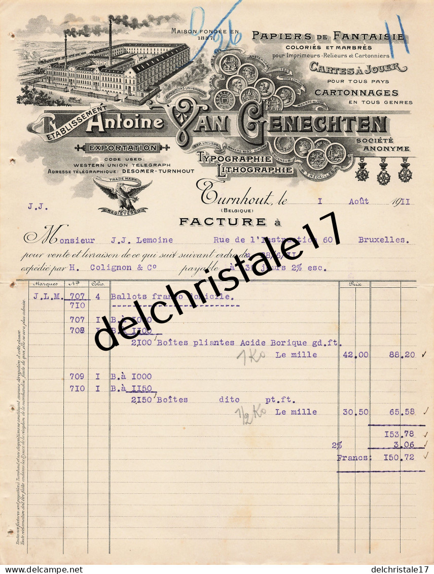 96 0576 TURNHOUT BELGIQUE 1911 Papiers Fantaisie Cartes à Jouer A. VAN GENECHTEN Typographie Lithographie à LEMOINE   - Druck & Papierwaren