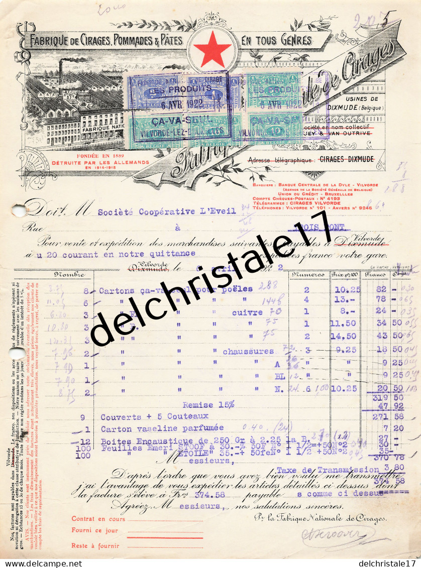 96 0582 VILVORDE BELGIQUE 1922 Fabrique De Cirages Pommades & Pâtes ÇA VA SEUL Cirage DIXMUDE à Sté Coop L'ÉVEIL   - Perfumería & Droguería