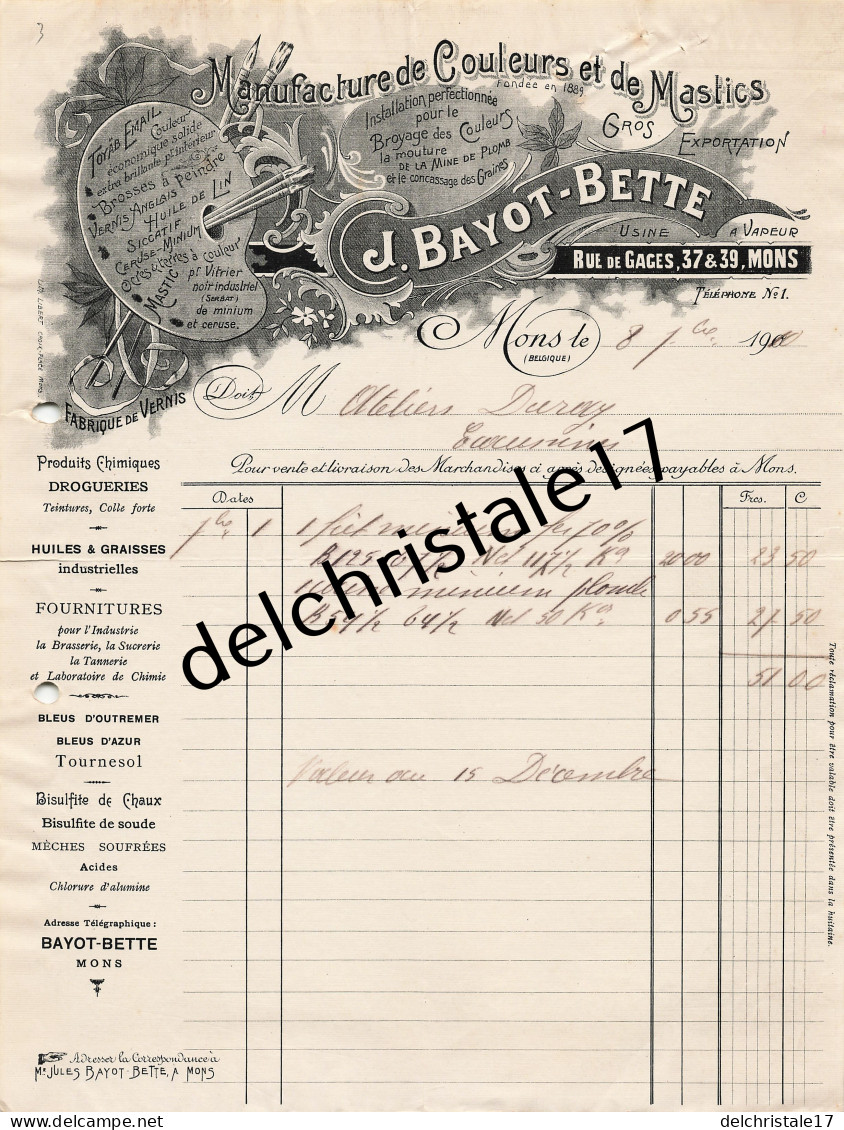 96 0569 MONS BELGIQUE 1910 Manufacture De Couleurs & Mastics J. BAYOT BETTE Toyäb Émail Rue Des Gages à Ateliers DURAY - Profumeria & Drogheria
