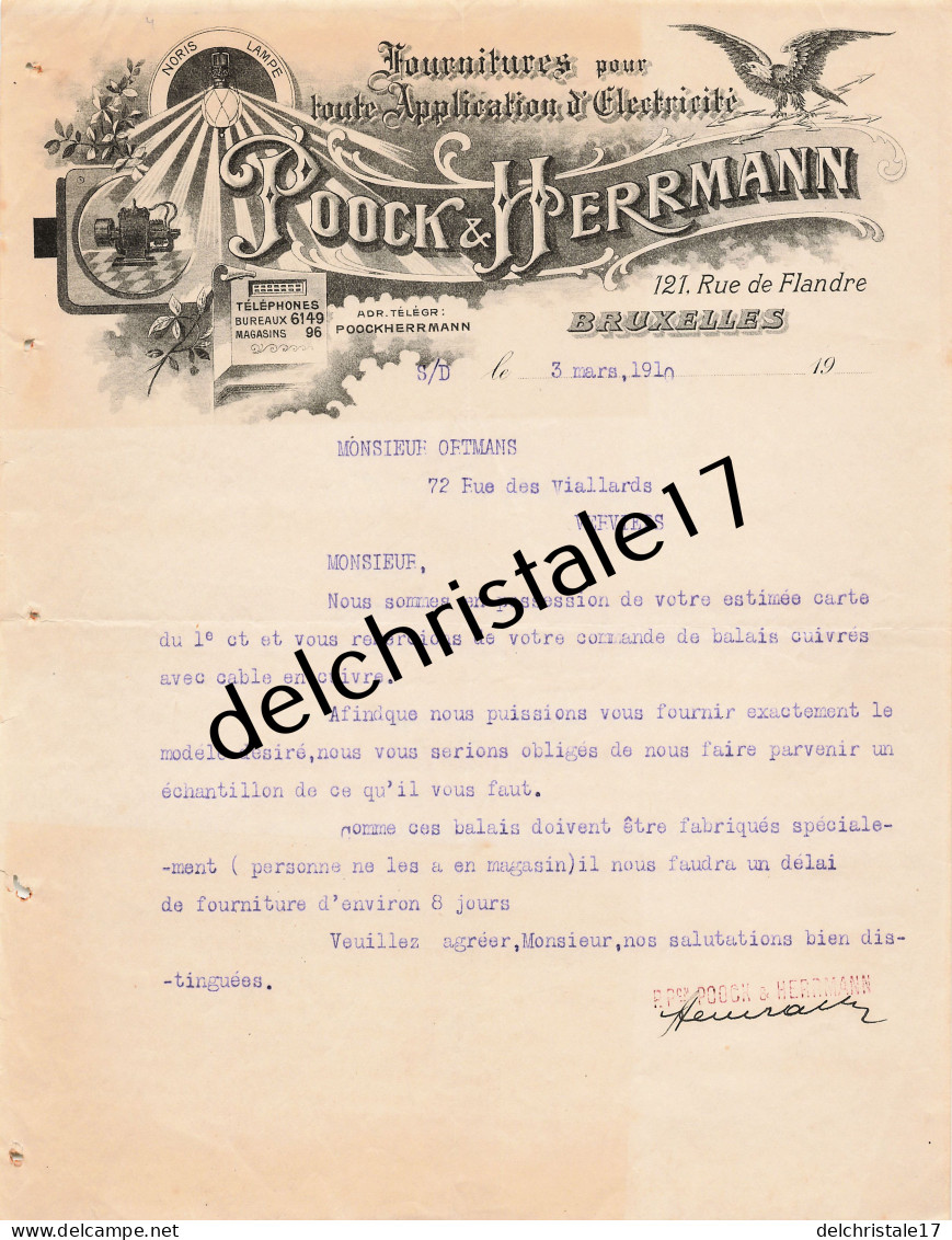 96 0543 BRUXELLES BELGIQUE 1910 Fourniture D'Électricité POOCK & HERRMANN Rue De Flandre Dest OFTMANS - Elektrizität & Gas