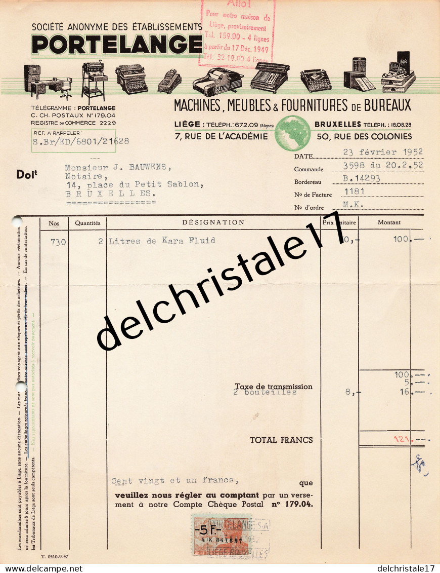 96 0544 BRUXELLES BELGIQUE 1952 Machines Meubles & Fournitures De Bureaux Éts PORTELANGE Rue Des Colonies à BAUWENS - Petits Métiers