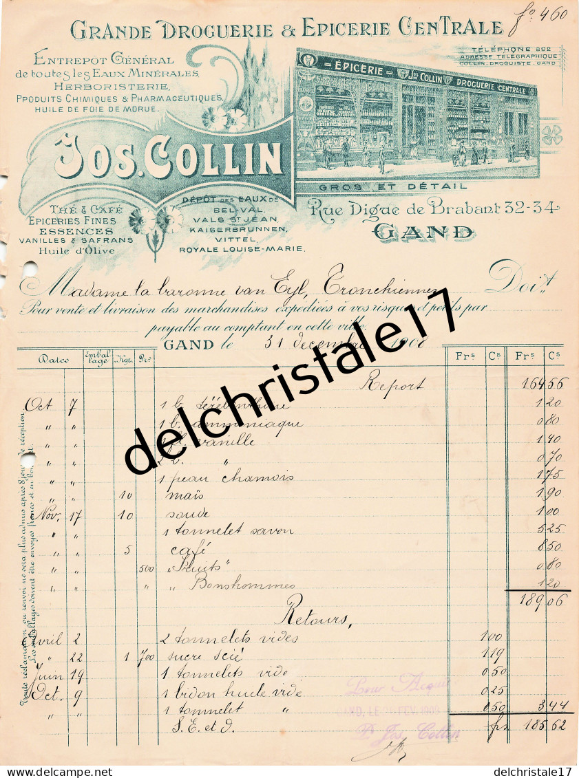 96 0553 GAND BELGIQUE 1908 Droguerie & Épicerie Centrale Herboristerie JOS COLLIN Rue Digue De Brabant à Baronne VAN EYL - Profumeria & Drogheria