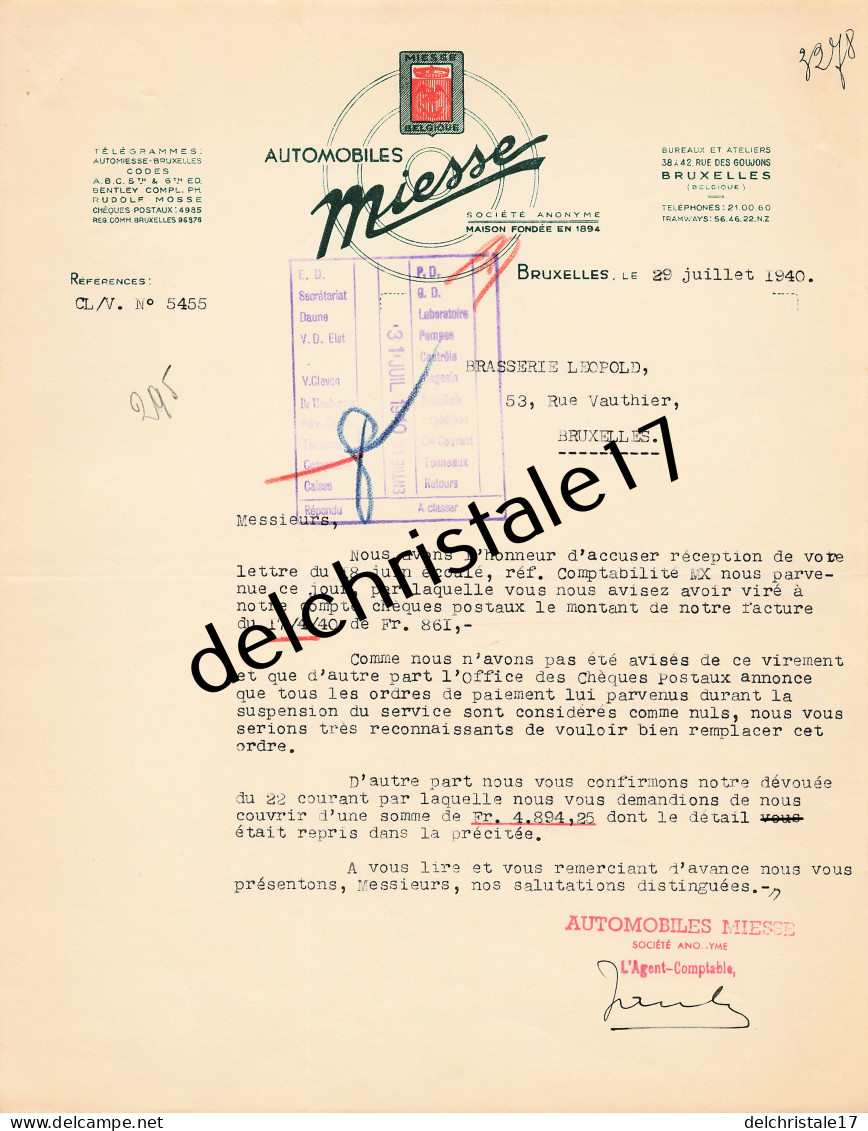96 0537 BRUXELLES BELGIQUE 1940 Automobiles MIESSE Rue Des Goujons Dest Brasserie LEOPOLD  - Automobil