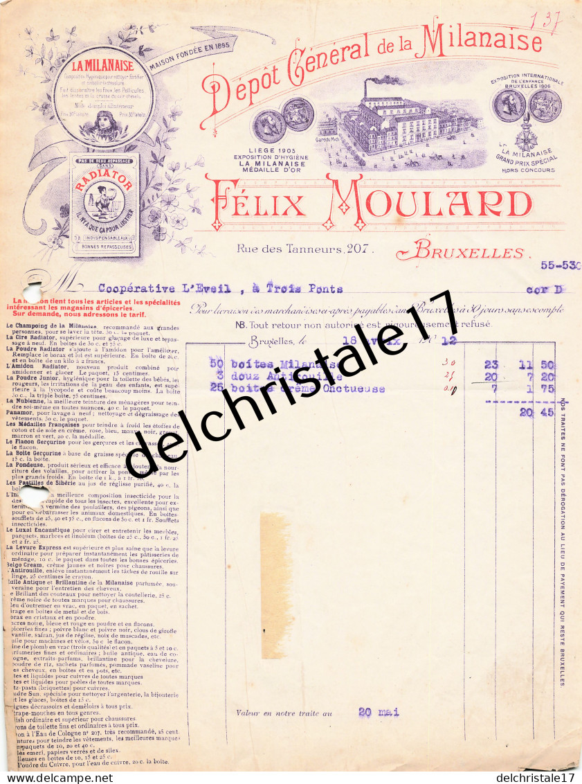 96 0540 BRUXELLES BELGIQUE 1912 Shampoing De La Milanaise Propreté De La Tête Maison Félix MOULARD Rue Des Tanneurs - Profumeria & Drogheria