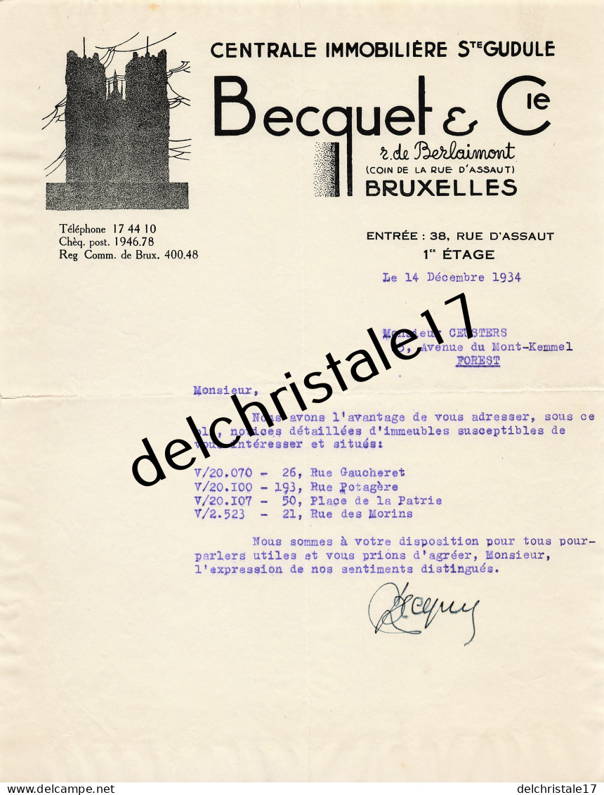 96 0523 BRUXELLES BELGIQUE 1934 Centrale Immobilière Ste GUDULE Éts BECQUET & Cie Rue De Berlaimont à CEUSTERS - Banque & Assurance