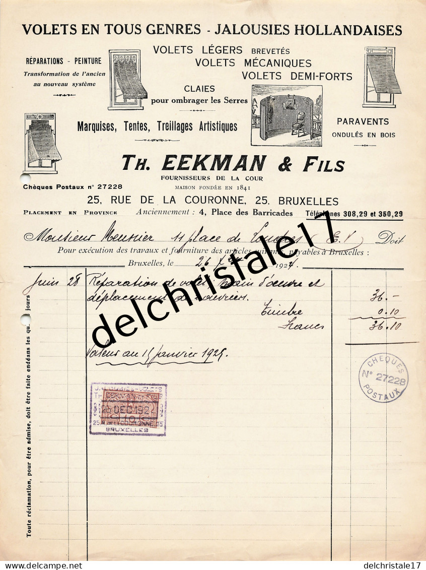 96 0528 BRUXELLES BELGIQUE 1924 Volets Jalousies Hollandaises Th. EEKMAN & Fils Treillages Rue De La Couronne à MEUNIER - Old Professions