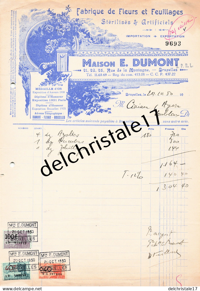 96 0527 BRUXELLES BELGIQUE 1950 Fabrique De Fleurs & Feuillages Artificiels Maison E. DUMONT Rue De La Montagne - Old Professions