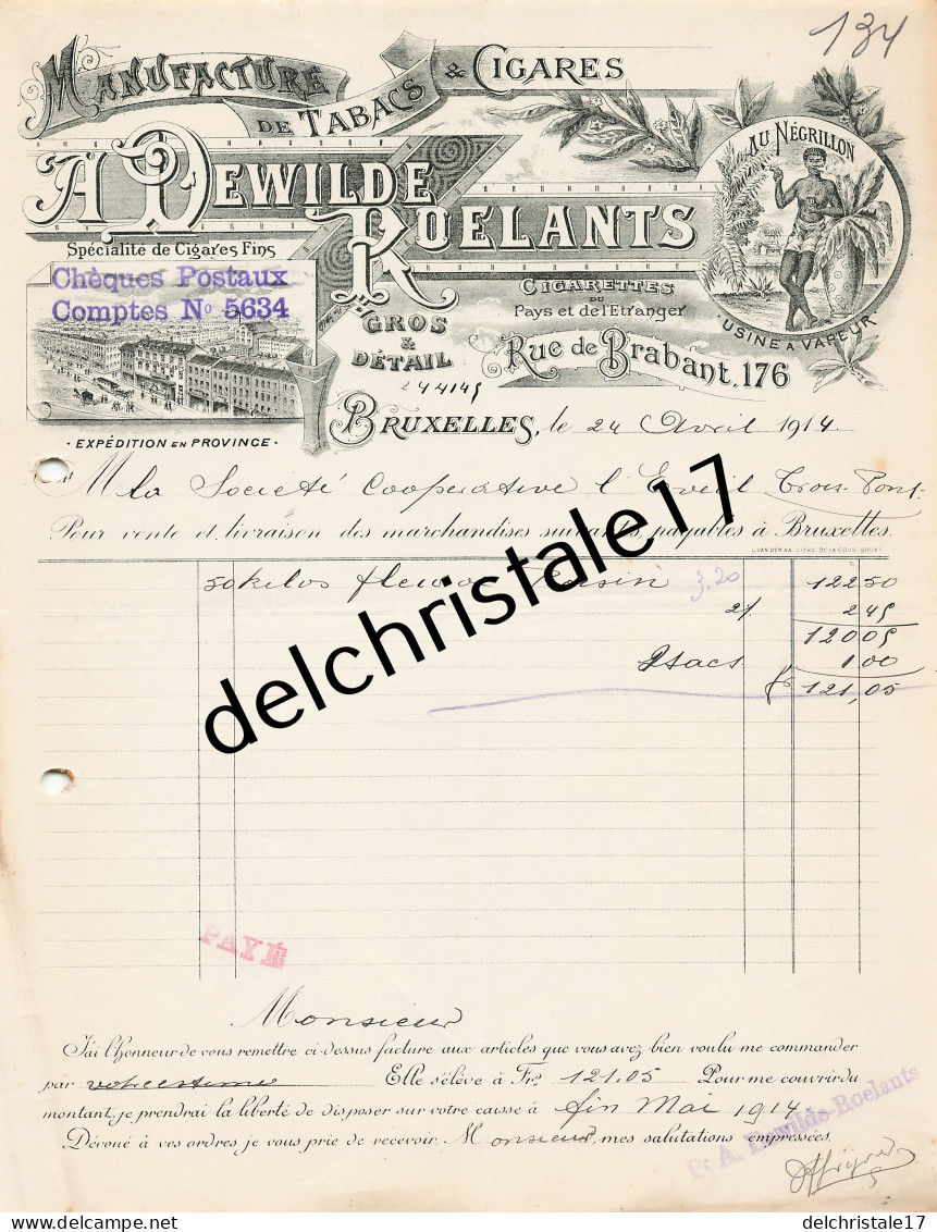 96 0526 BRUXELLES BELGIQUE 1914 Manufacture Tabacs & Cigares A. DEWILDE ROELANTS Rue De Brabant à Sté Coop L'ÉVEIL - Documenten