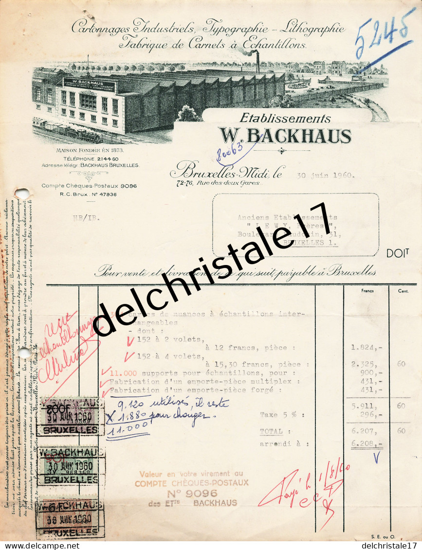 96 0521 BRUXELLES BELGIQUE 1960 Cartonnages Industriels Typographie Lithographie Éts W. BACKHAUS Rue Des 2 Gares à LEWY - 1950 - ...