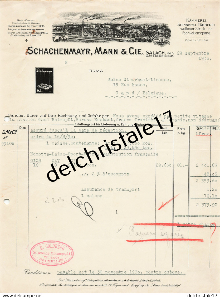 96 0502 SALACH ALLEMAGNE 1930 Kammerei Spinnerei Farberei Teinturerie SCHACHENMAYR MANN & Cie à STREURBAUT-LISSENS - 1900 – 1949