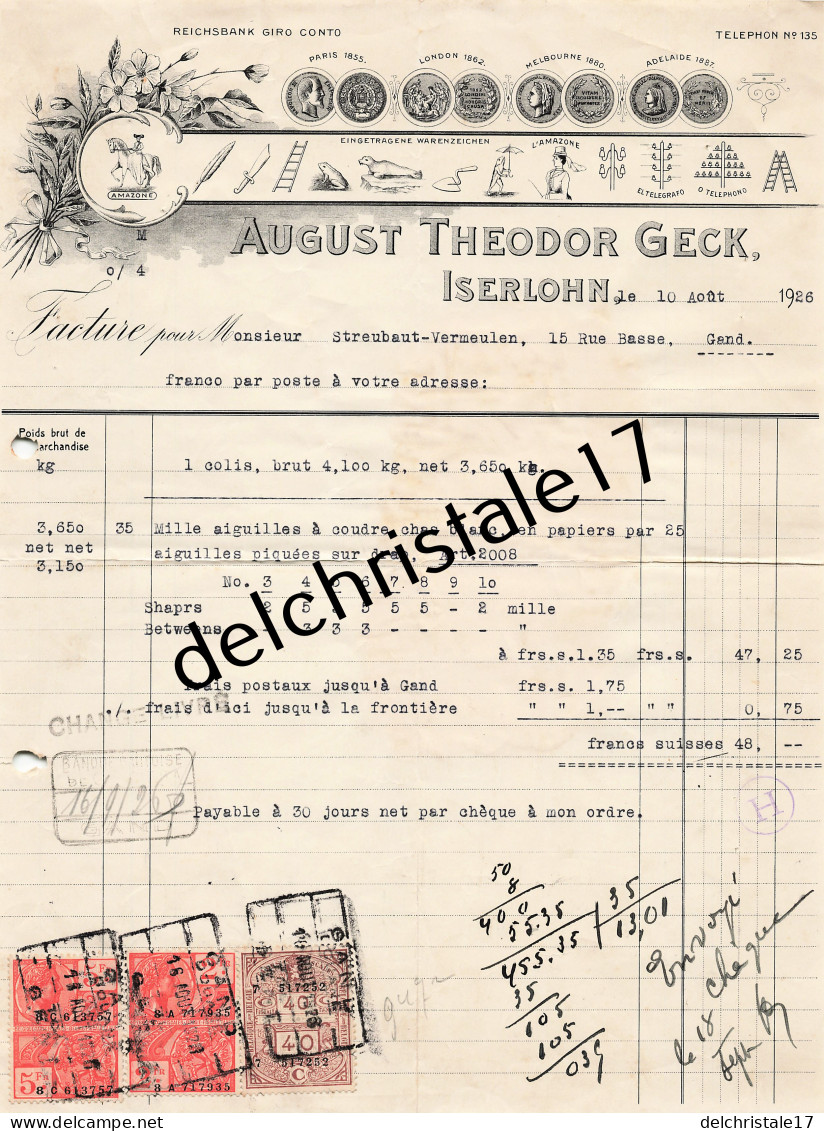 96 0494 ISERLOHN ALLEMAGNE 1926 Aiguilles à Coudre August Theodor GECK Aiguilles Sur Draps à STREUBAUT-VERMEULEN - Petits Métiers