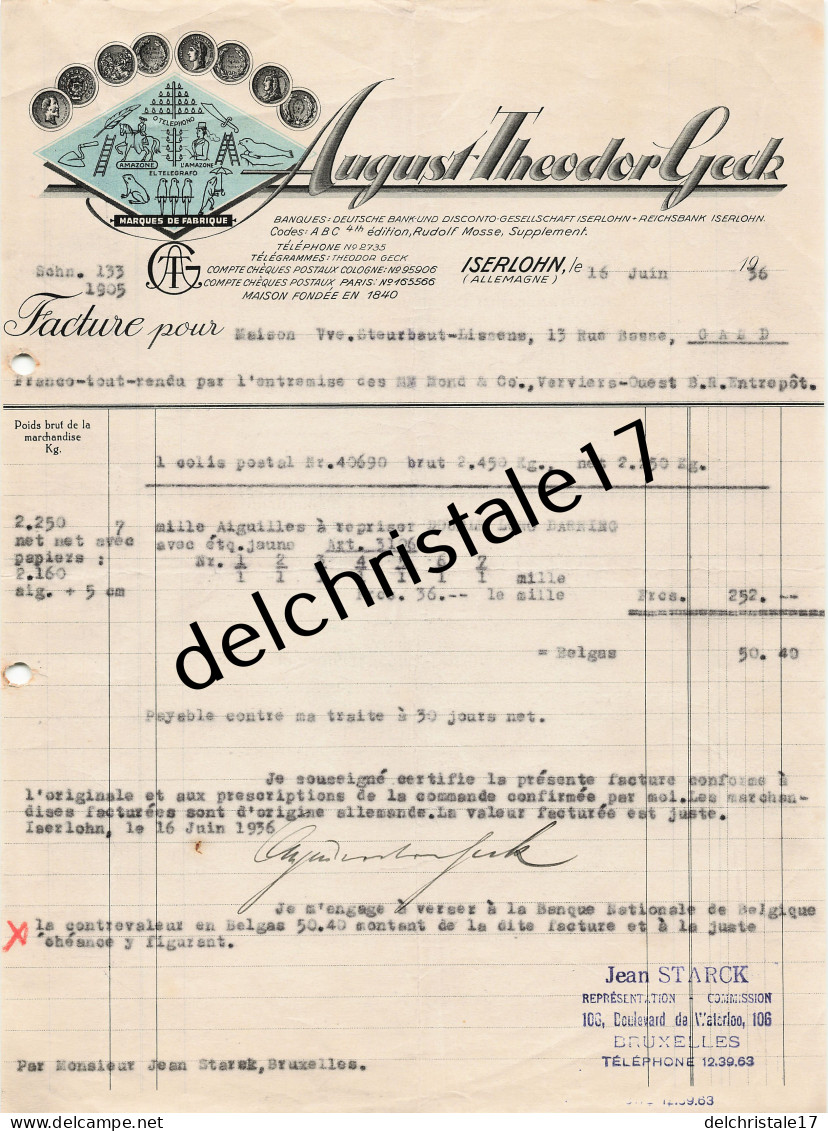 96 0496 ISERLOHN ALLEMAGNE 1936 Aiguilles à Repriser August Theodor GECK Rep. Jean STARCK à STREURBAUT-LISSENS - 1900 – 1949