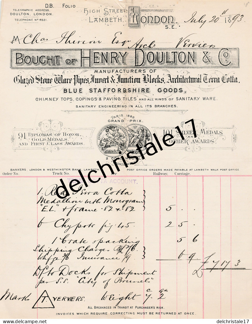 96 0479 LONDRES ROYAUME-UNI 1893 Manufacturers Of Glazed Stones Pipes .. Bought Of HENRY DOULTON & Cie à HUIROIR - Reino Unido