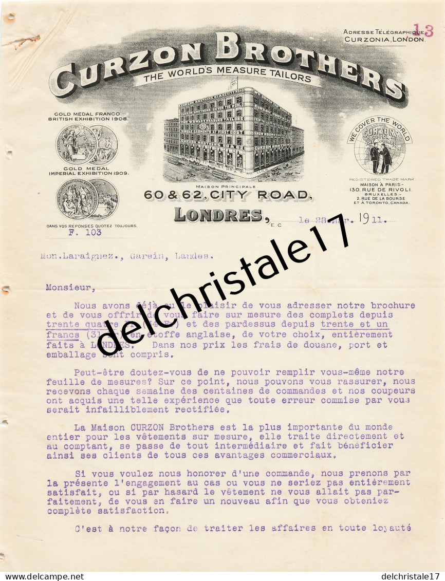 96 0476 LONDRES ROYAUME-UNI 1911 The World's Measure Tailors CURZON BROTHERS City Road à LARAIGNEZ - Reino Unido