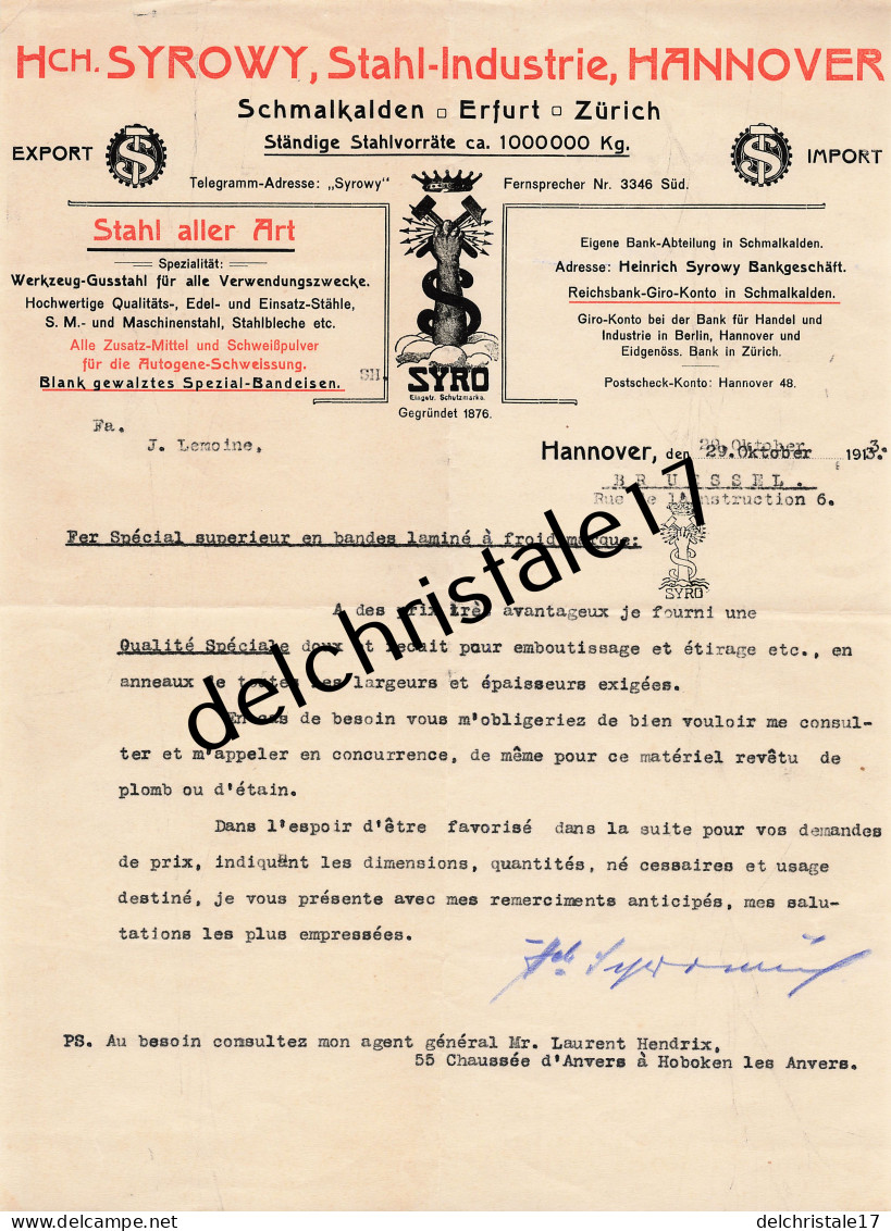 96 0490 HANNOVER ALLEMAGNE 1913 Stahl Aller Art (Acier Tolerie …) H. SYROWY Marque SYRO Dest. BRUESSEL - Petits Métiers