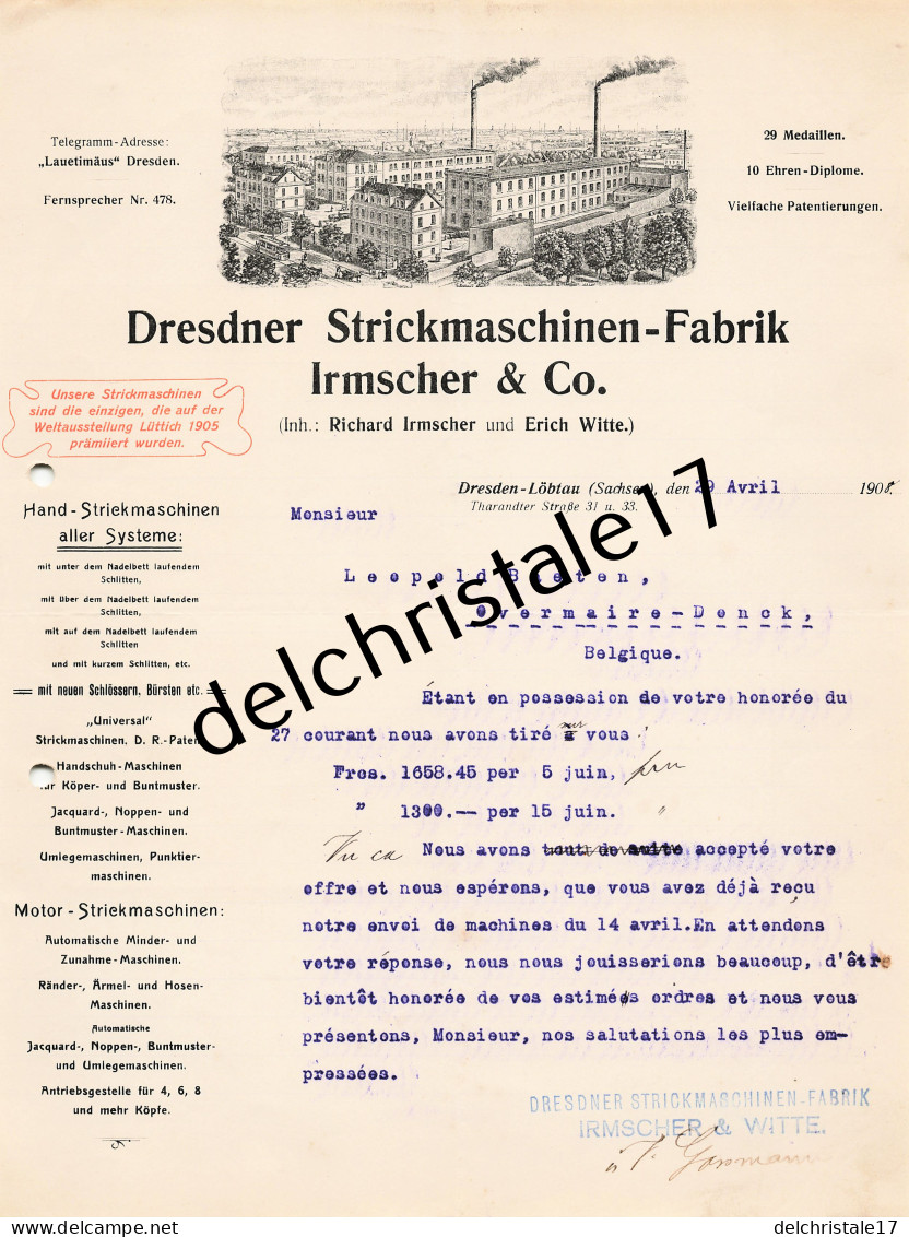 96 0483 DRESDEN-LÖBTAU ALLEMAGNE 1908 Fabrique De Machine à Tricoter Richard IRMSCHER & Erich WITTE à BAETEN - Straßenhandel Und Kleingewerbe