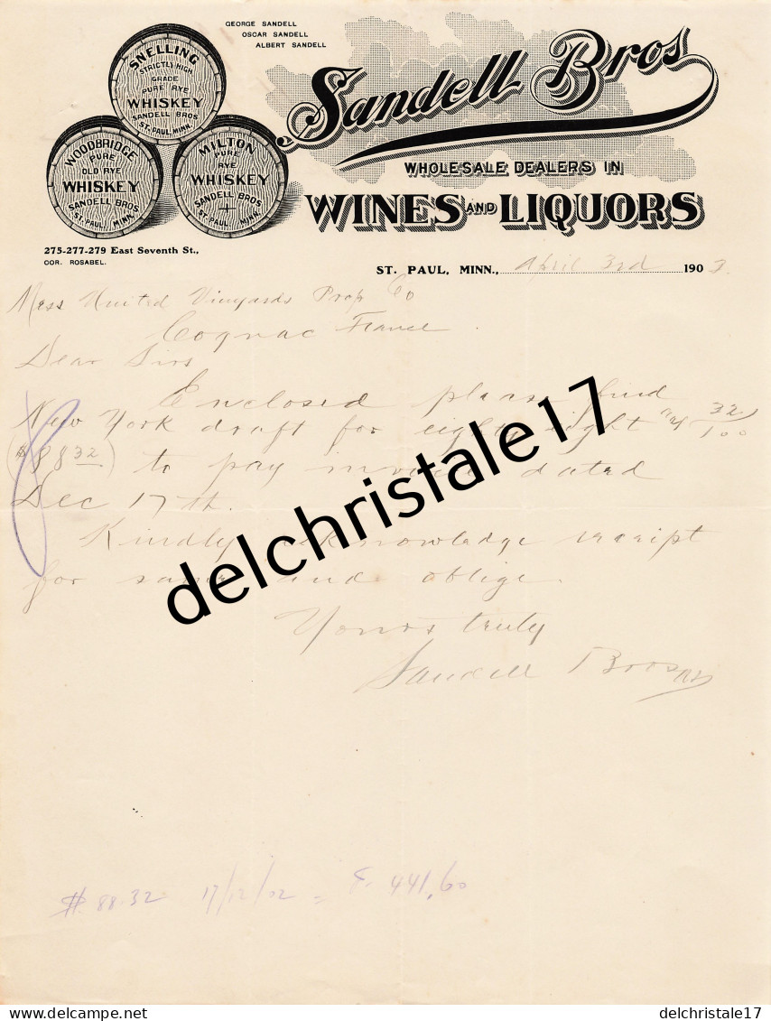 96 0469 ST PAUL MINNESOTTA ÉTATS-UNIS 1903 Wines & Liquors SANDELT BROS East Seventh Street à The United Vinegard - Etats-Unis