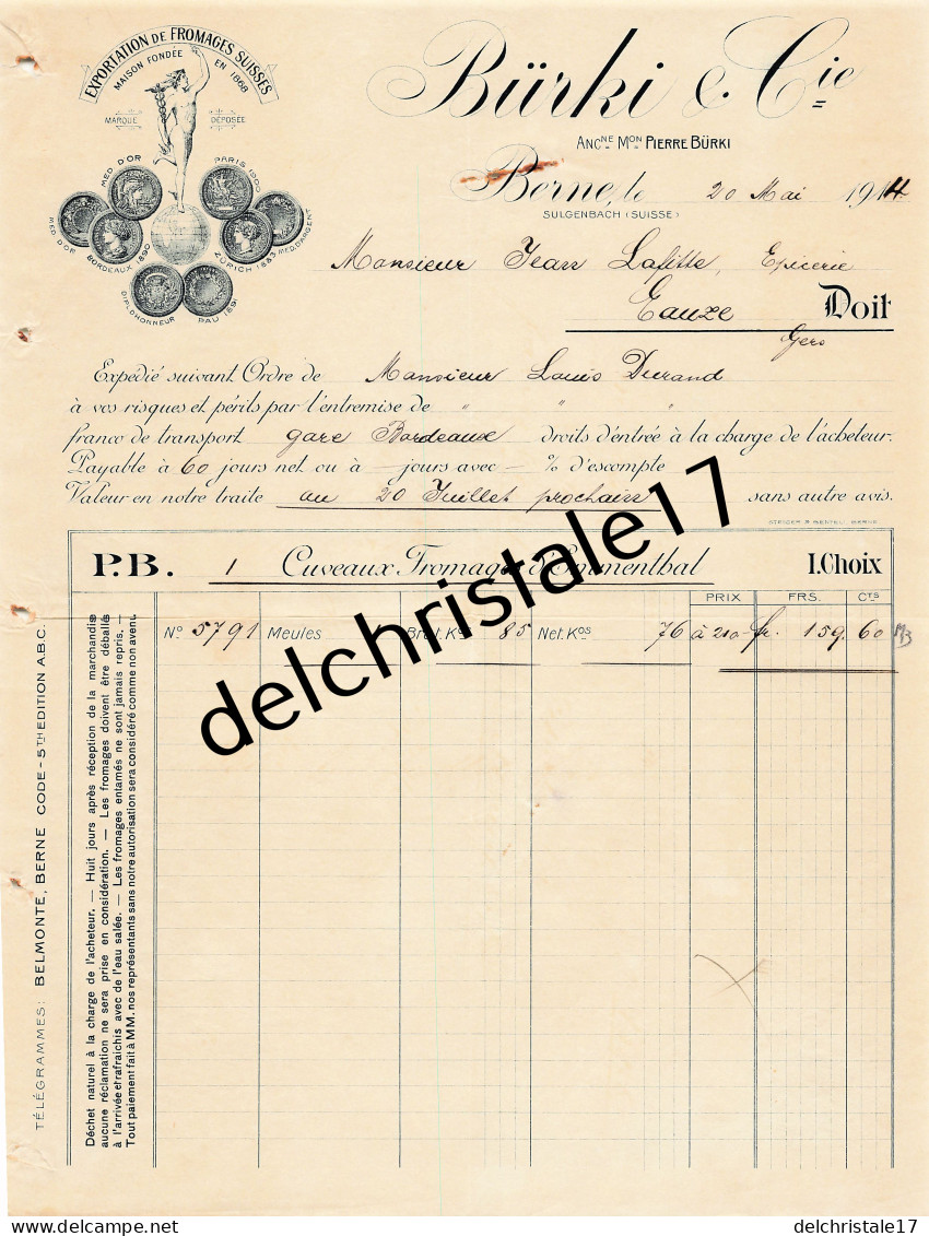 96 0470 BERNE SUGENBACH SUISSE 1914 Exportation De Fromages Suisses BÜRKI & Cie Succ Fromages D'Émenthal à LAFITTE - Suisse