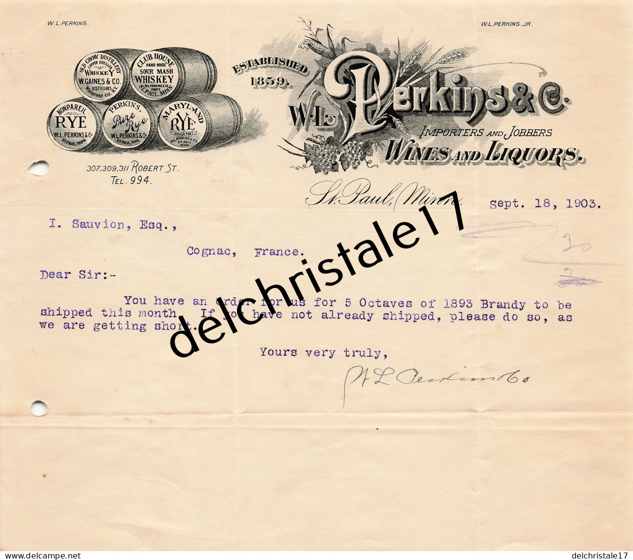 96 0468 ST PAUL MINNESOTTA ÉTATS-UNIS 1903 Wines & Liquors W.L. PERKINS & Co à SAUVION & Co à COGNAC - Etats-Unis