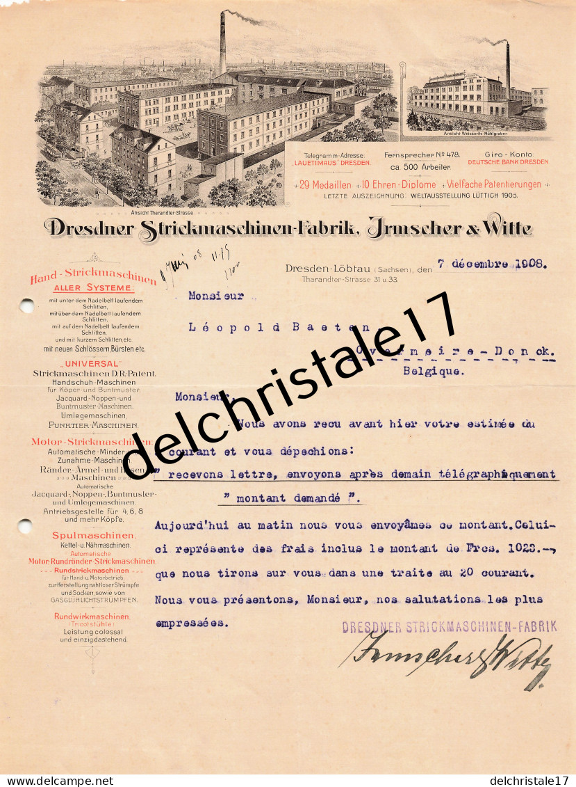 96 0484 DRESDEN-LÖBTAU ALLEMAGNE 1908 Fabrique De Machine à Tricoter Richard IRMSCHER & Erich WITTE à BAETEN - 1900 – 1949