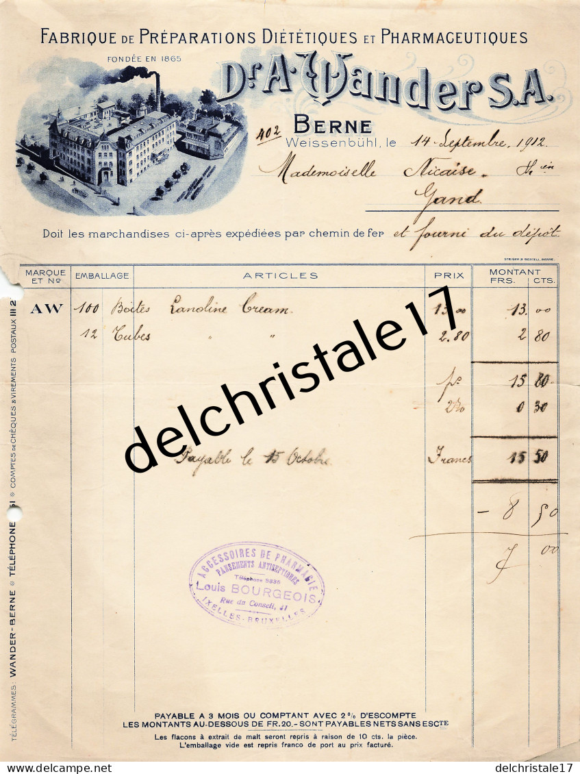 96 0471 BERNE WEISSENBÜHL SUISSE 1912 Fabrique De Préparations Diététiques & Pharmaceutiques Dr A. WANDER S.A à NICAIRE - Schweiz