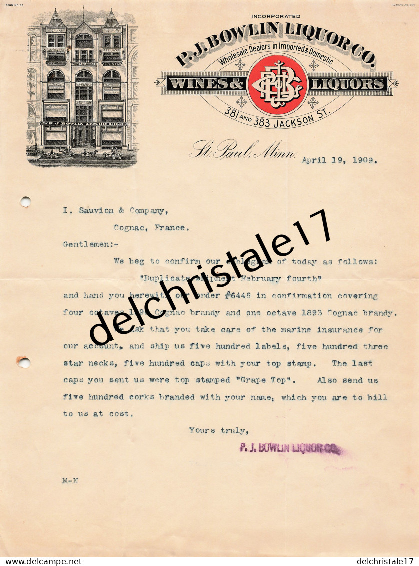 96 0466 ST PAUL MINNESOTTA ÉTATS-UNIS 1909 Wines Liquors P.J. BOWLIN LIQUOR Co Jackson Street à SAUVION & Co - Stati Uniti