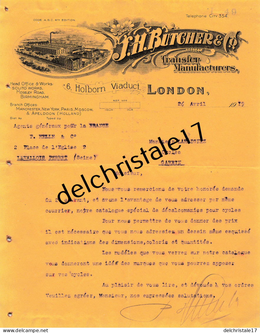 96 0478 LONDRES ROYAUME-UNI 1919 Décalcomanies Pour Cycles J.H. BUTCHER & Co Holborn Viaduct à LARAIGNEZ - Regno Unito