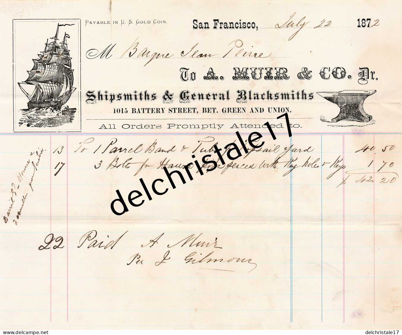 96 0463 SAN FRANCISCO ÉTATS-UNIS 1872 Shipsmiths & General Blacksmiths A. MUIR 1 Co Battery Street à BARGNE - Etats-Unis