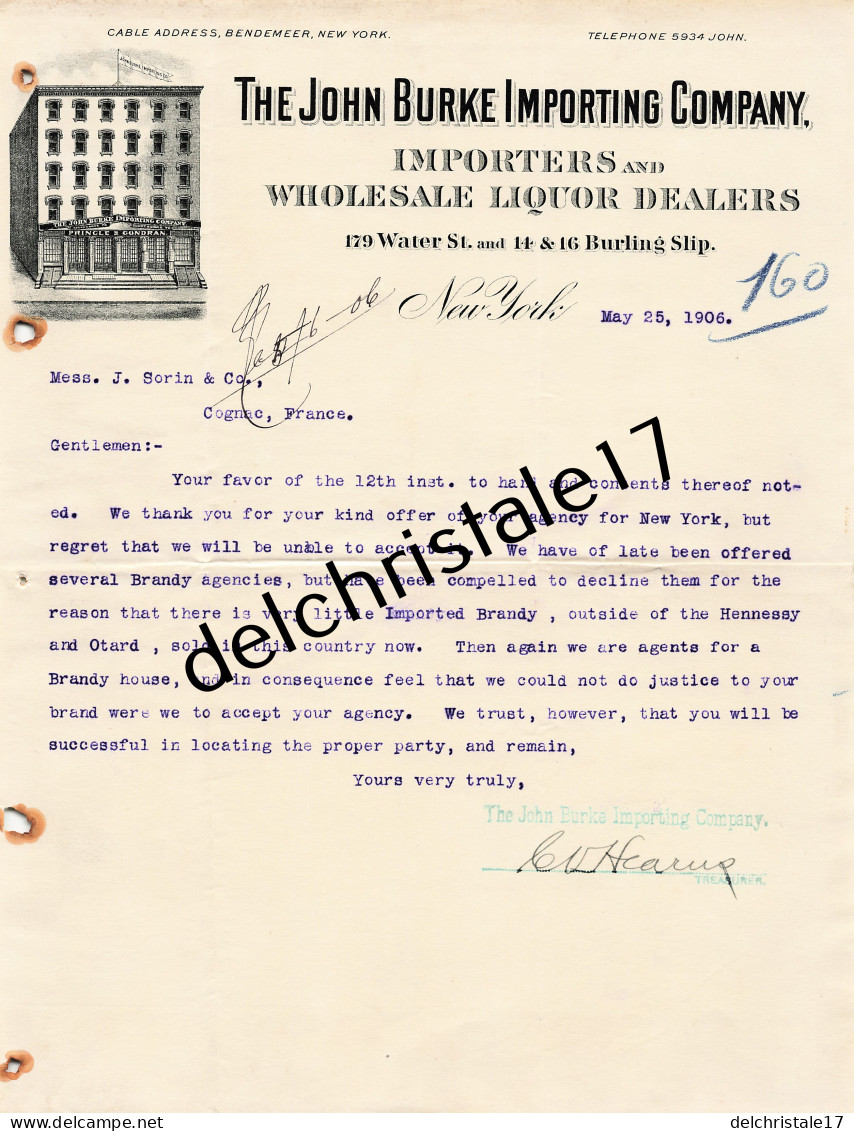 96 0454 NEW-YORK ÉTATS-UNIS 1906 Importers Liquor Dealers THE JOHN BURKE IMPORTING COMPANY Water Street à SORIN - Estados Unidos