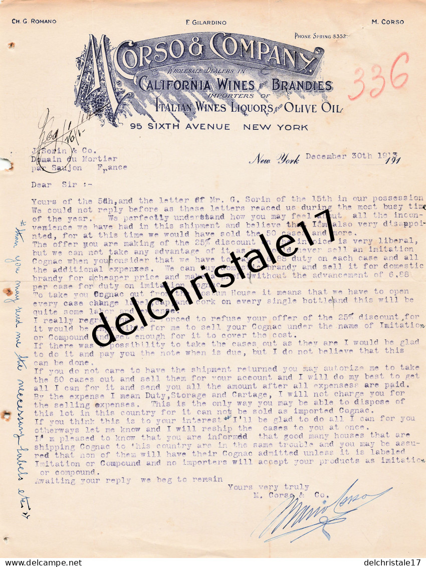 96 0447 NEW-YORK ÉTATS-UNIS 1913 California & Italian Wines Liquors Olive Oil M. CORSO & COMPANY Sixth Avenue à SORIN - Stati Uniti