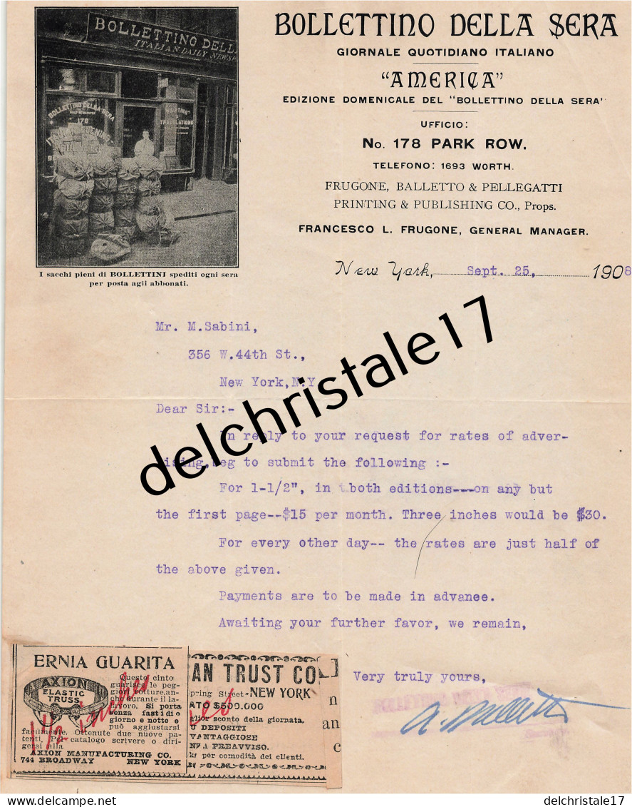 96 0446 NEW-YORK ÉTATS-UNIS 1908 Journal Italien AMERICA Éd. BOLLETINO DELLA SERA Manager Francesco FRUGONE à SABINI - Estados Unidos