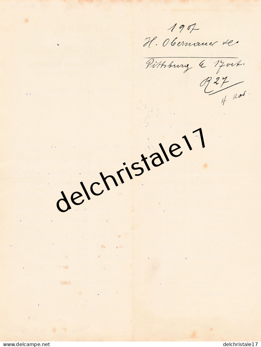 96 0457 PITTSBURGH ÉTATS-UNIS 1907 Fine Whiskies Distillers H. OBERNAUER & Co Av. Cor. STEVENSON Dest. MONNET & Co - United States