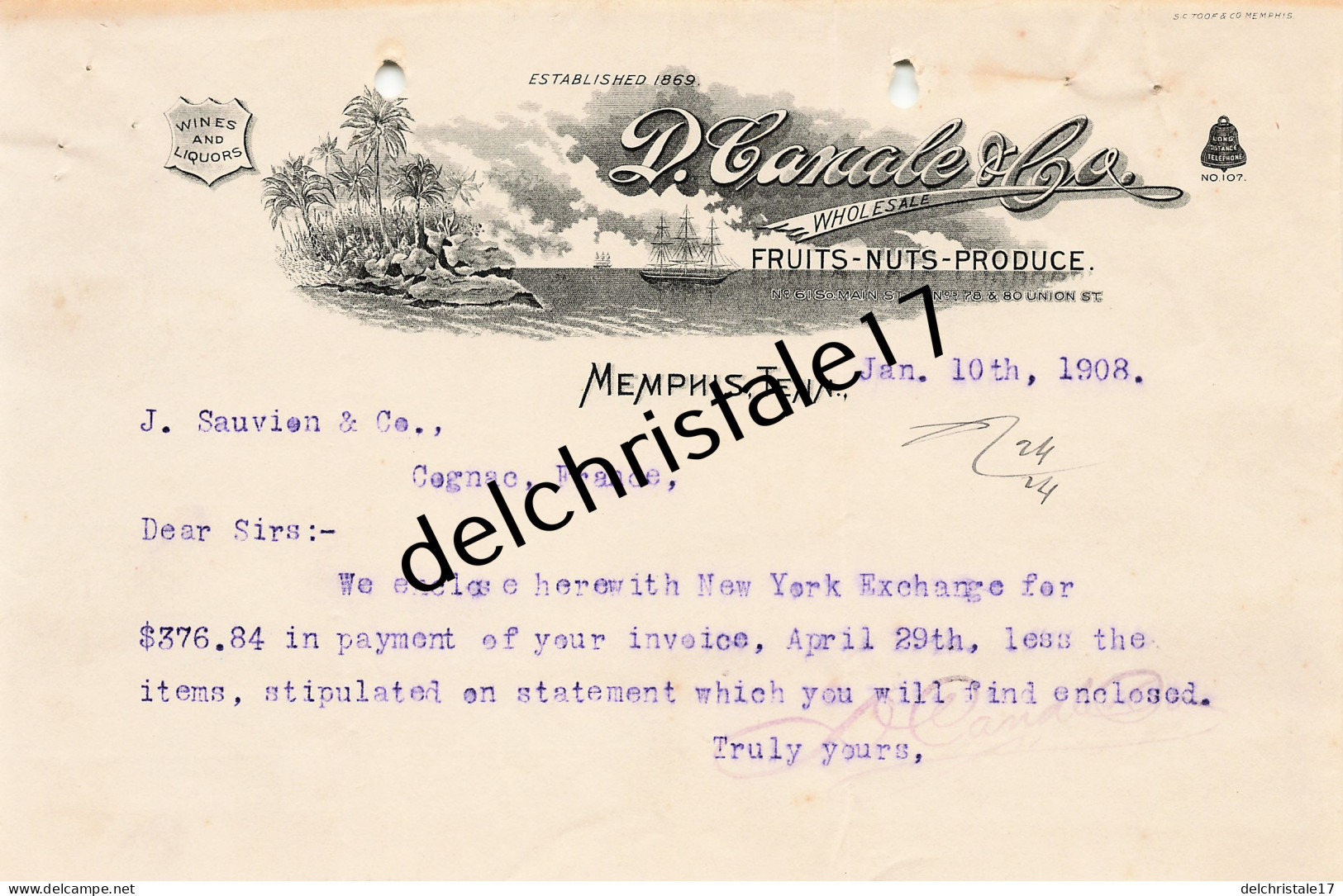 96 0440 MEMPHIS TENNESSEE ÉTATS-UNIS 1908 Fuits Nuts Produce D. CANALE & Co Main Street à SAUVION & Co à COGNAC - USA
