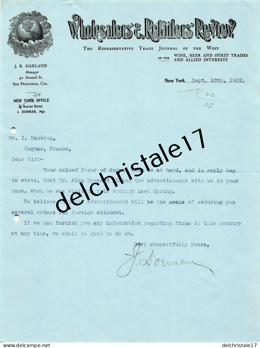 96 0449 NEW-YORK ÉTATS-UNIS 1902 Wine Beer & Spirit Trades J.B. GARLAND Beaver Street Dest. SAUVION & Co à COGNAC - Estados Unidos
