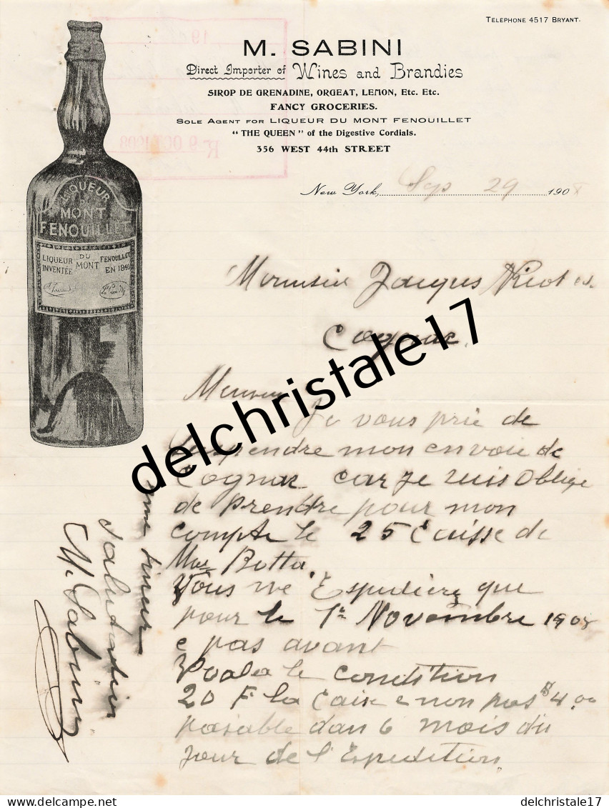 96 0453 NEW-YORK ÉTATS-UNIS 1908 Liqueur Du Mont Fenouillet M. SABINI Sirop Grenadine Orgeat Lemon … à NICOT & Co - Stati Uniti