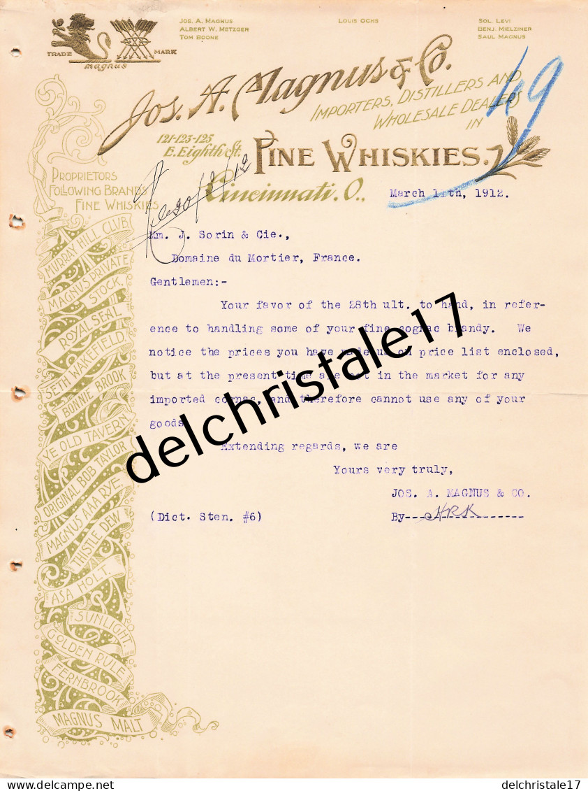 96 0436 CINCINNATI ÉTATS-UNIS 1912 Importers Distillers Wholesale Fine Whiskies Jos. A. MAGNUS & Co EIGHT Street à SORIN - United States