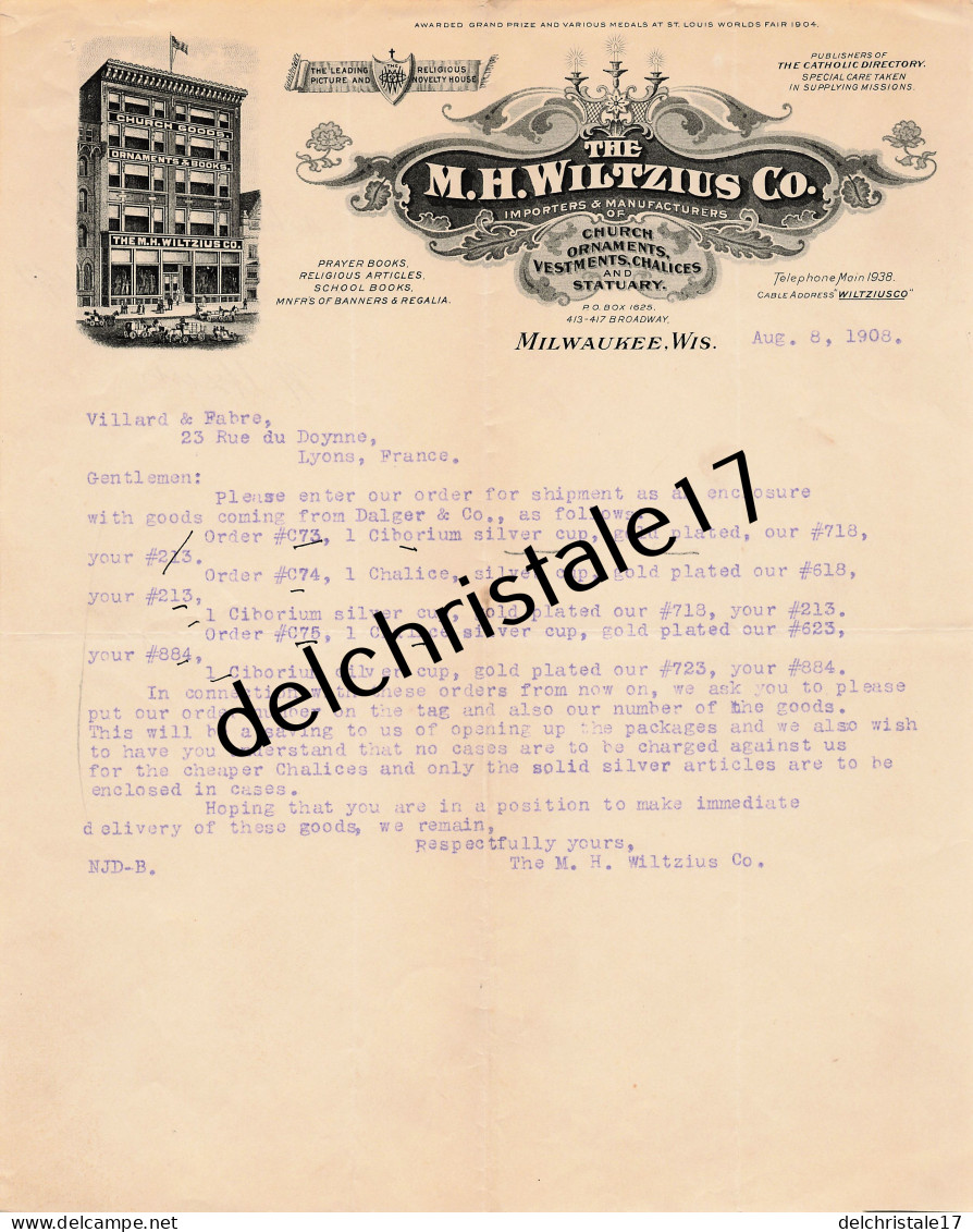 96 0442 MILWAUKEE ÉTATS-UNIS 1908 Church Ornaments Chalices & Statuary THE M.H. WILTZIUS Co Broadway à VILLARD & FABRE - United States