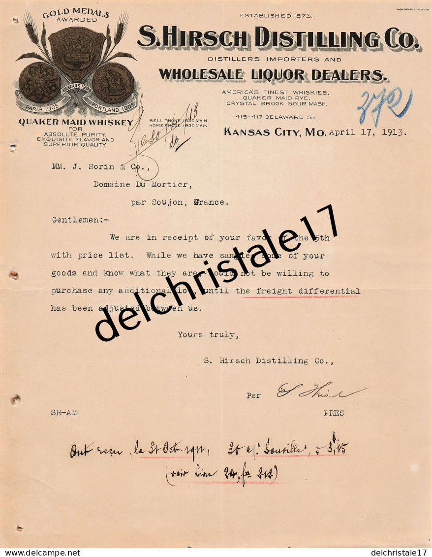 96 0438 KANSAS CITY ÉTATS-UNIS 1913 Quaker Maid Whiskey Distillers S. HIRSCH DISTILLING Co Delaware Str. à SORIN - Etats-Unis