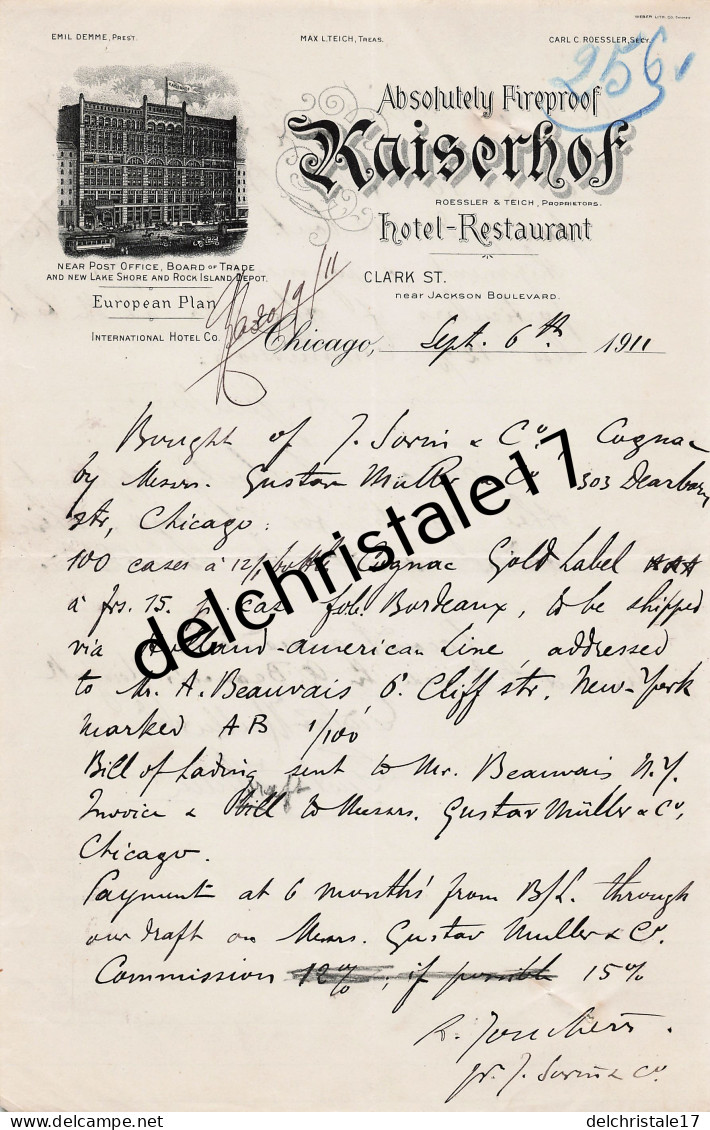 96 0434 CHICAGO ÉTATS-UNIS 1911 Hotel Restaurant KAISERHOF Prop. ROESSLER & TEICH Clark Street à SORIN & Cie - Stati Uniti