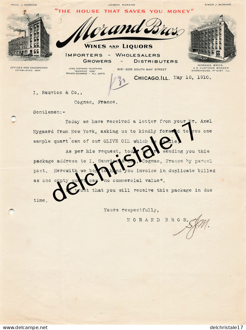 96 0435 CHICAGO ÉTATS-UNIS 1910 Wines Liquors MORAND BROS Importer Wholesalers Growers South May Street à SAUVION - United States