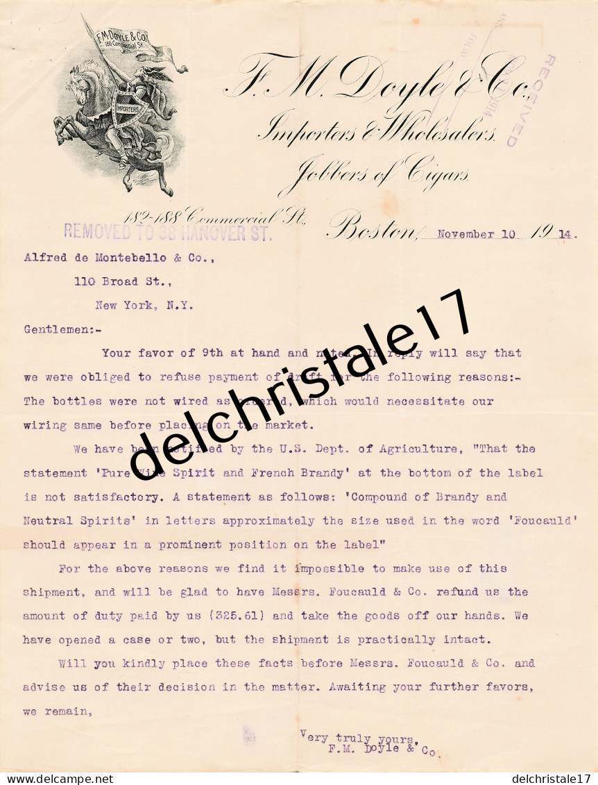 96 0429 BOSTON ÉTATS-UNIS 1914 Jobbers Of Cigars F. M DOYLE & Co Importers Wholesalers Commercial Street à DE MONTEBELLO - Etats-Unis