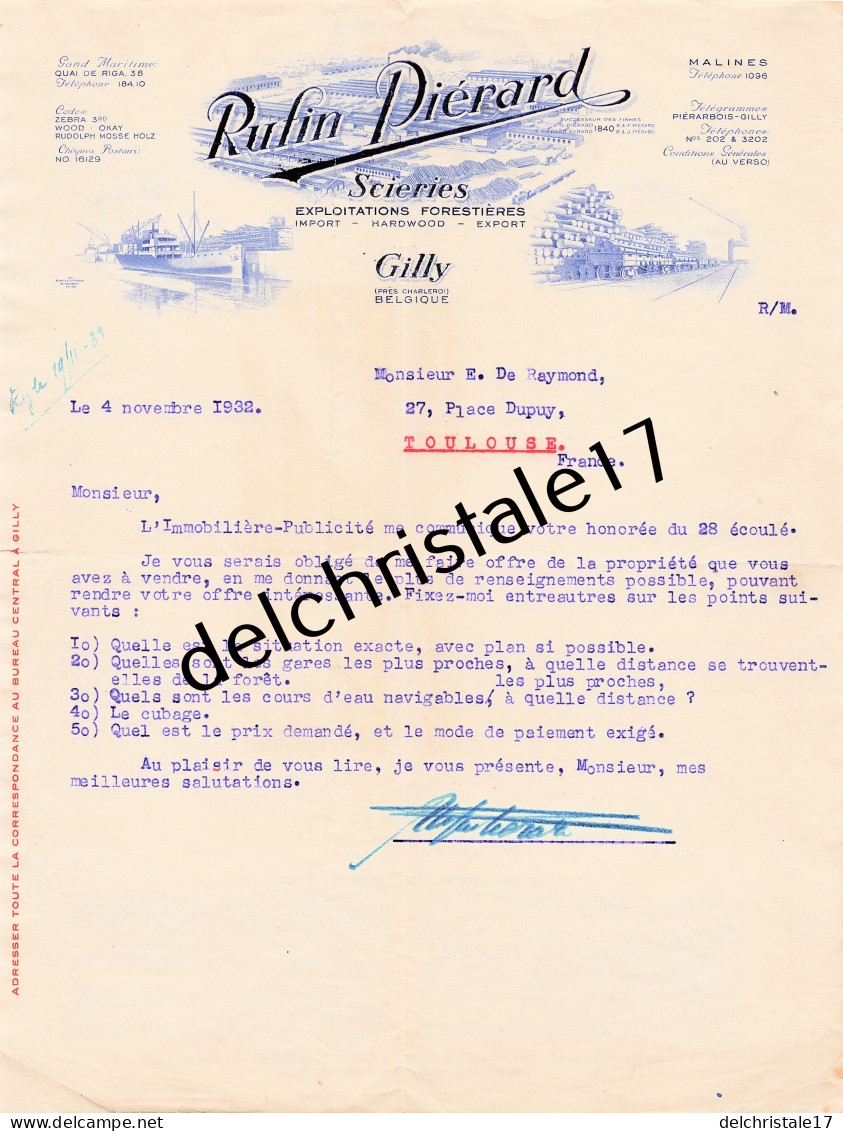 96 0418 GILLY Près CHARLEROI BELGIQUE 1932 Scieries Exploitations Forestières Rufin PIÉRARD Import Export à DE RAYMOND - Petits Métiers