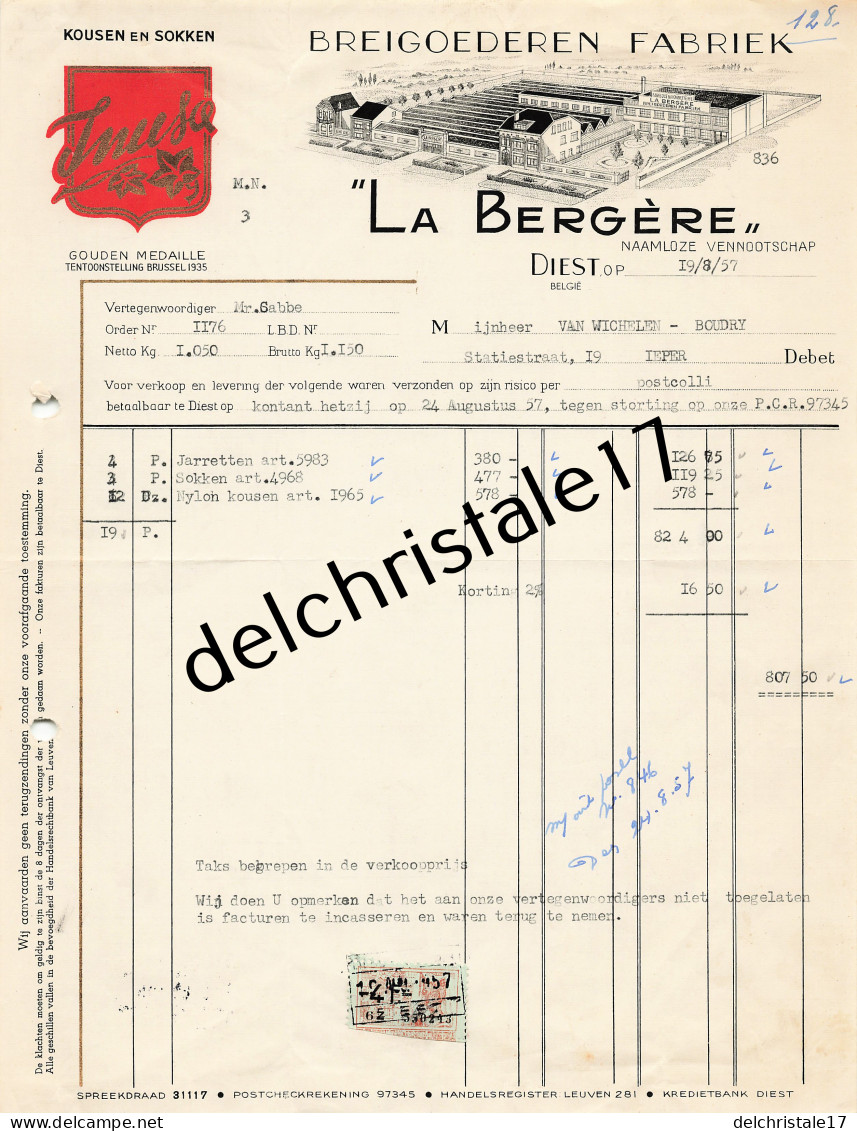 96 0414 DIEST BELGIQUE 1957 Breigoederen Fabriek LA BERGÈRE Naamloze Vennootschap à VAN WICHELEN BOUDRY - Vestiario & Tessile