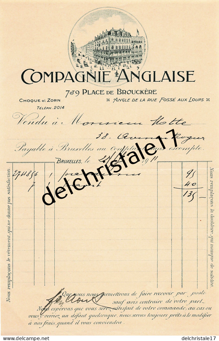 96 0402 BRUXELLES BELGIQUE 1911 Compagnie Anglaise CHOQUE & ZORN Pl De Brouckère Angle Rue Fossé Aux Loups à MOTTE - Textile & Vestimentaire