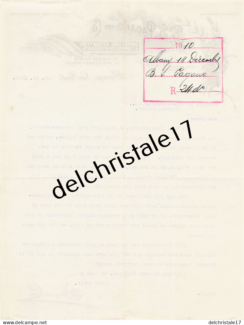 96 0426 ALBANY NEW-YORK ÉTATS-UNIS 1910 Import Export Wines Liquors Olive Oil B.S. PAGANO & Co Madison Avenue à FOUCAULD - Etats-Unis