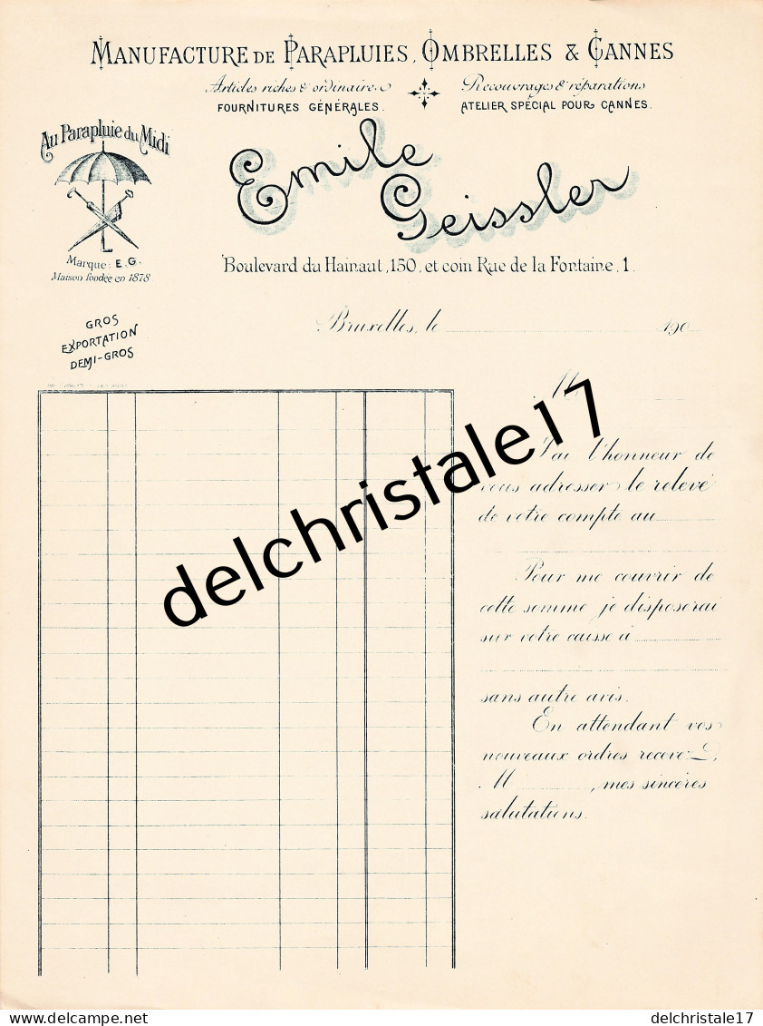 96 0404 BRUXELLES BELGIQUE 190. VIERGE Manufacture Parapluies Ombrelles & Cannes Émile GEISSLER Bld HAINAUT - Petits Métiers